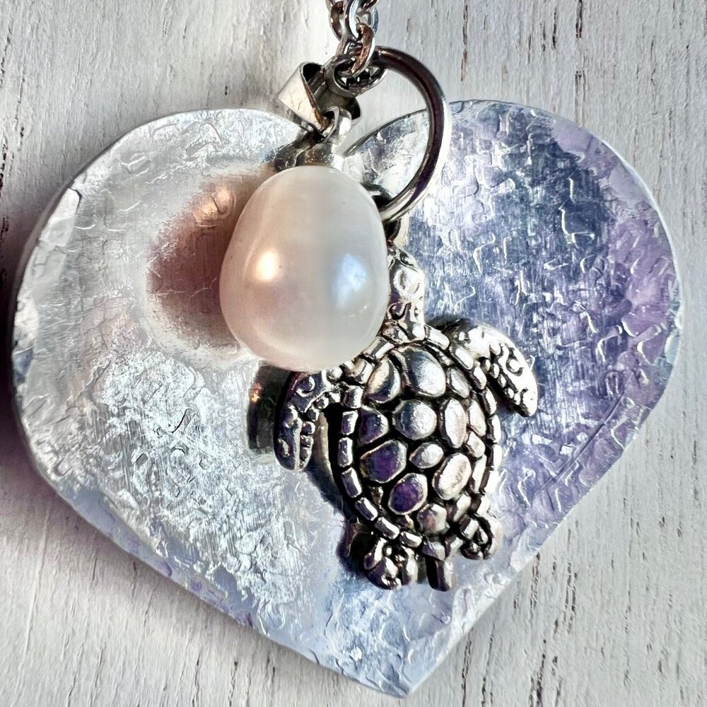 Tropic Beachy Nautical Necklace, Turtle Heart Pearl, Mixed Metal Necklace - Picture 2 of 15